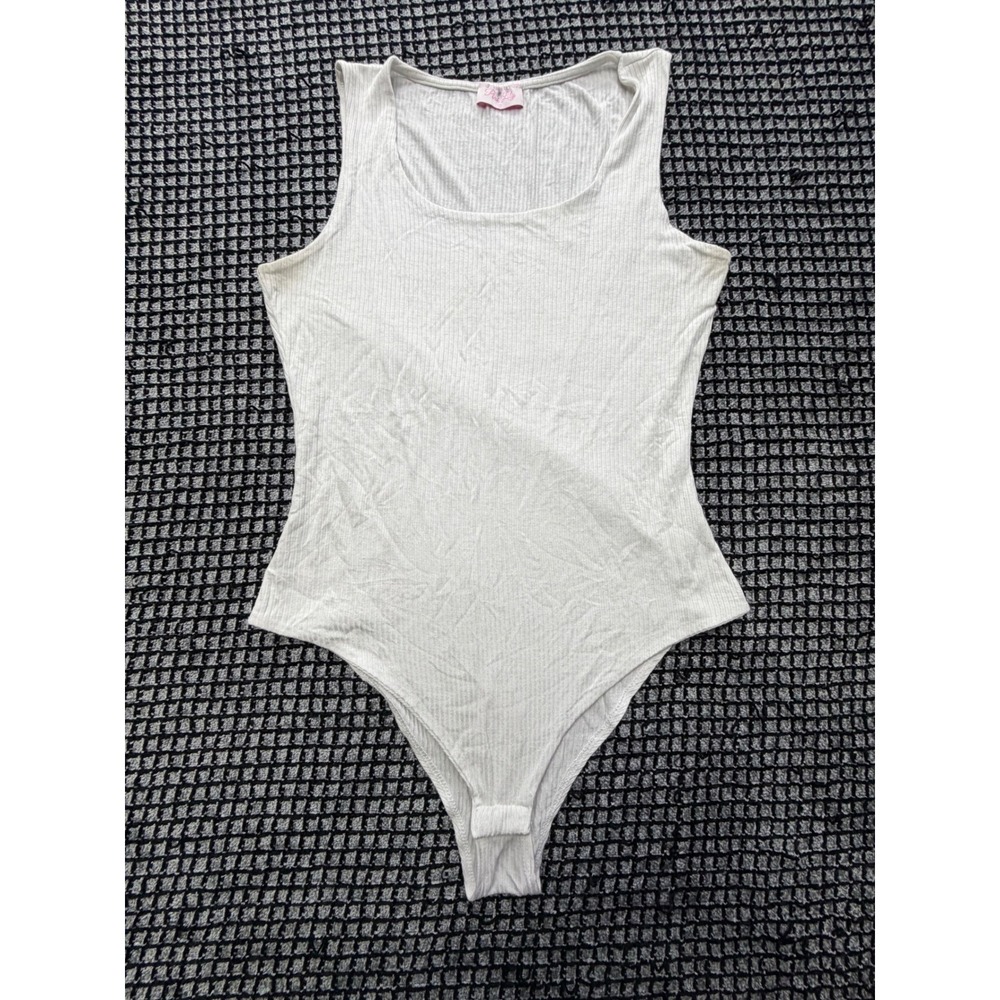 Pink Lily Bodysuit Womens Small White Ribbed Sleeveless Scoop Neck